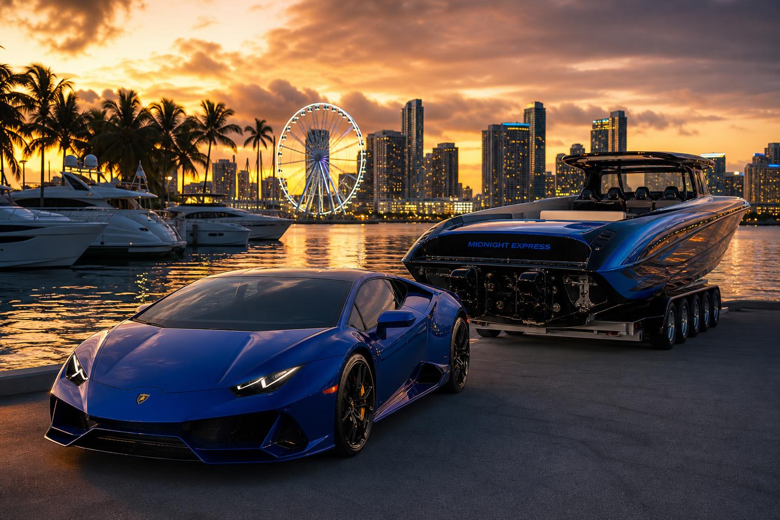 Luxury supercar and speedboat on a waterfront marina at sunset